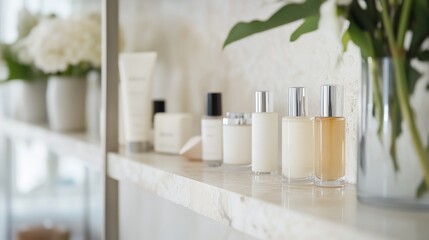 Elegant display of various scented products on a minimalist shelf in a bright indoor space