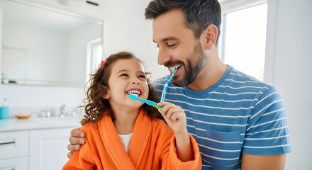 Father and daughter brushing teeth together dental hygiene family time oral care healthy teeth bathroom routine father's day
