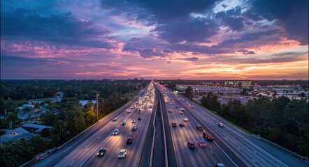 Fototapeta premium Florida Traffic. Aerial View of Orlando Highway at Sunset with Blue Skies