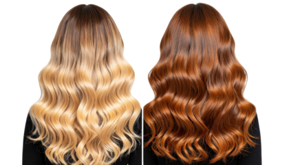 two model girls with wavy hair, copper and blond dye, isolated on transparent background