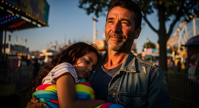 Father daughter bonding at fair: loving dad carrying sleeping child at carnival fun family time together father's day - Powered by Adobe