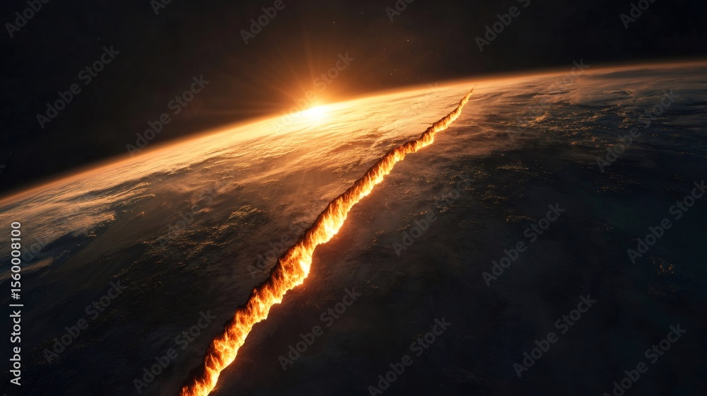 Poster dramatic scene of earth's crust splitting open, revealing a fiery chasm of molten lava against a bac