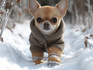 Tiny dog in winter coat and boots in snowy forest