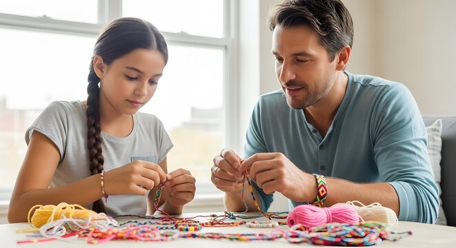 Father and daughter making friendship bracelets together diy craft activity family time bonding at home project father's day