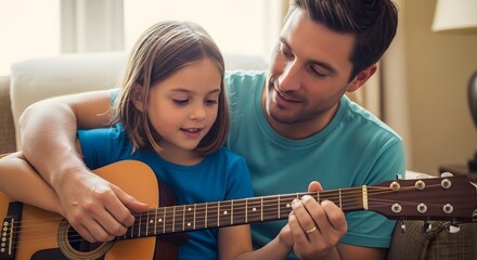 Father teaching daughter to play guitar at home music lesson family time learning guitar chords together father's day