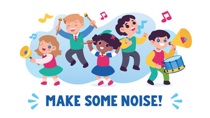 Group of children making music with instruments and dancing joyfully against a light blue background