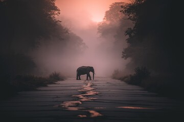 Majestic Elephant on Misty Road: Witness the captivating image of a solitary elephant gracefully traversing a fog-laden road, evoking a sense of wonder, serenity, and the untamed beauty of nature.