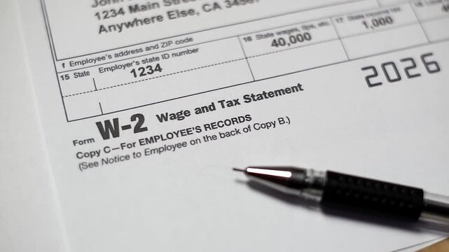 Tax document for the IRS W-2 Tax form on wooden table in office or at home