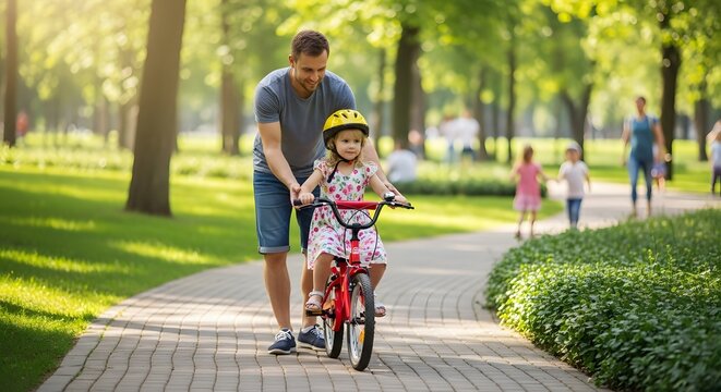 Father teaching daughter to ride bike in park family time learning to bike parenting skills outdoor fun father's day
