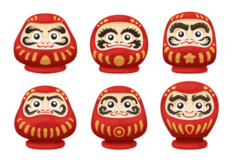 A set of Japanese Daruma dolls that feature unique facial expressions and decorations that symbolize good luck and fortitude, reflecting Japanese cultural beliefs and art.
