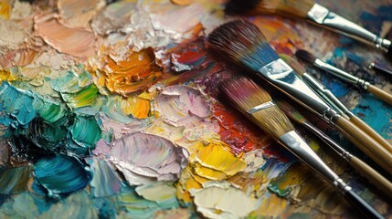 Fototapeta premium Artist's palette with paint and brushes