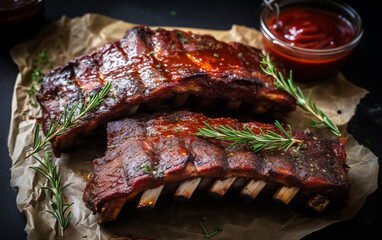 Close up of two racks of ribs with rosemary and sauce on parchment paper