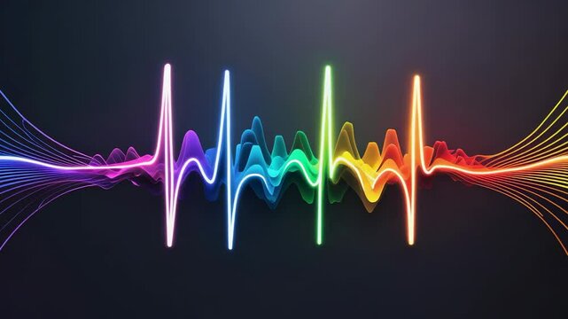 Rainbow waveform pulsing, shifting hues in dark backdrop, with flowing baseline and fan-like waves