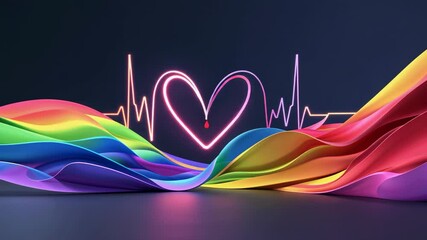 Opening stage, neon ECG line and rainbow ribbon wave undulating pulsing shaping neon heart shape - Powered by Adobe