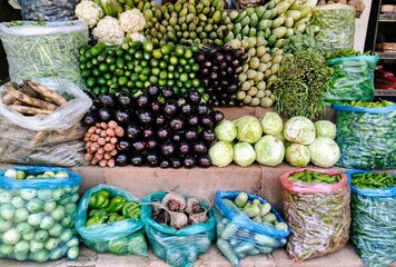 A vibrant vegetable stall at a local market  neatly displaying a wide variety of fresh vegetables. The arrangement includes eggplants (brinjal), cucumbers, green peppers, bitter gourds, bottle gourds