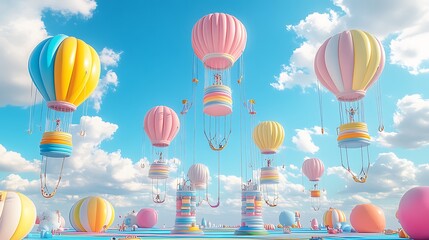 Dreamy balloon city playground with floating towers parachute swings and rainbow ziplines colorful sky carnival theme