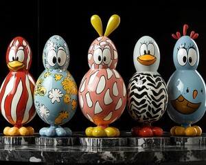 Colorful stylized bird figurines
