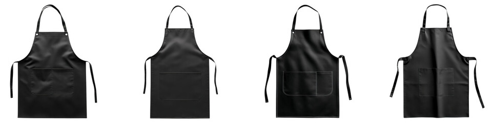 Set of black apron mockups isolated on transparent background, png, cutout