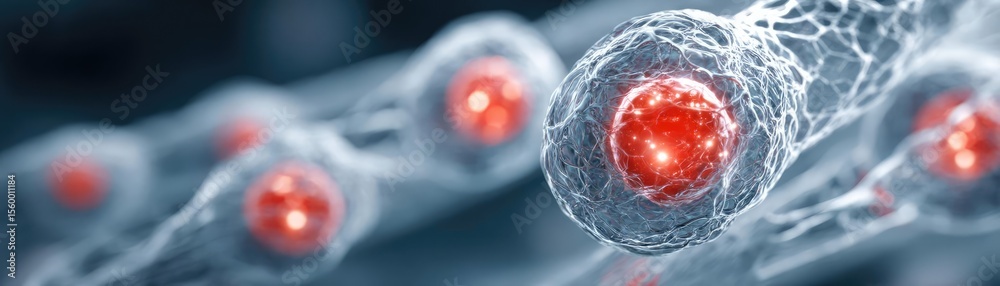 Poster Low sodium and inactive lifestyle in plaque buildup concept. Close-up view of cells with glowing red nuclei and intricate details.