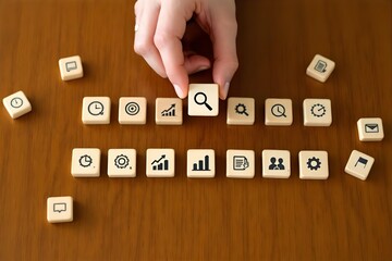 Wooden Blocks with Business Icons: SEO, Analytics, Strategy, and Hand Placing Magnifying Glass for Search Concept