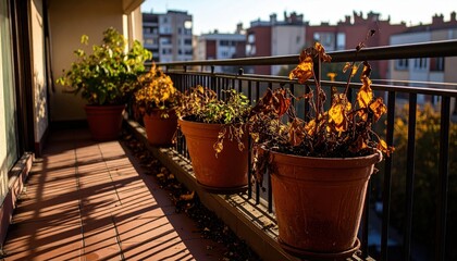 Dried Plants in Flower Pots on Sunny Balcony with Apartment View