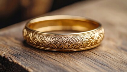 Elegant Gold Ring with Intricate Floral Engraving on Rustic Surface