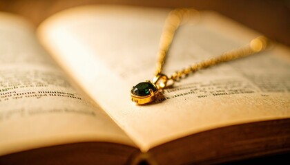 Elegant Green Gem Necklace on Open Book with Soft Lighting