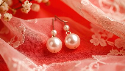 Elegant Pearl Earrings on Delicate Lace Fabric with Floral Design