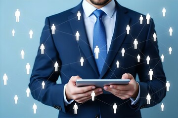 Business Networking Concept: Man in Suit Holding Tablet with Connected People Icons, Digital Network, Professional Connection