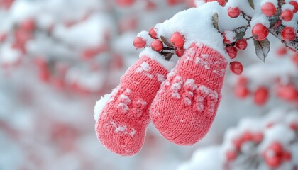 Pink knitted mittens covered in snow on a winter tree branch