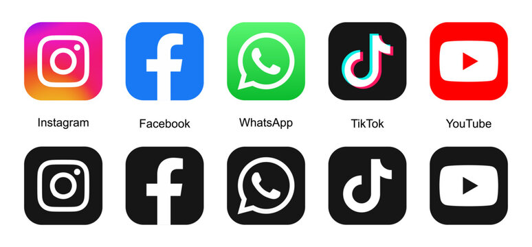 Instagram, Faceboo, WhatsApp, Tiktok, YouTube logo icon. Social media icons button. Most popular social networks