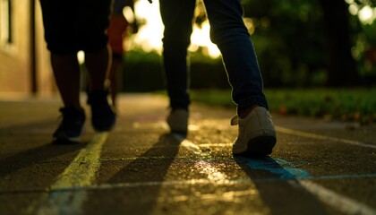 Footsteps on Sidewalk with Sunlight at Evening in Urban Setting