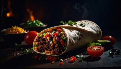 Fresh and Delicious Burrito with Meat and Vegetables on Dark Surface