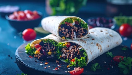 Fresh and Flavorful Beef Burrito with Colorful Vegetables on Table