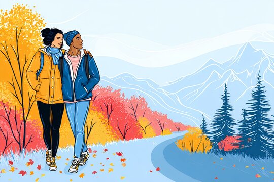Payful couple skips along a leaf-strewn path, surrounded by towering trees in every shade of autumn's vibrant palette.