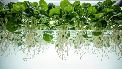 Close up of plants growing in water with visible roots in a hydroponic growing environment