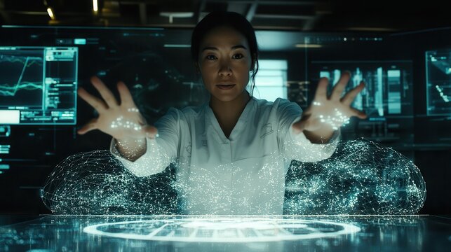Futuristic Scientist Manipulating Holographic Data in Laboratory