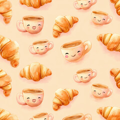 Charming Watercolor Kawaii Bakery Pattern with Croissants and Cups