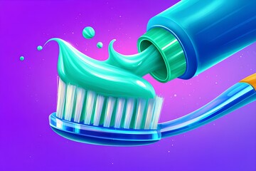 Fresh dental care moment captured - a minty blue toothpaste tube dispenses its contents onto a toothbrush against a purple background, creating bold contrast for oral hygiene visuals.