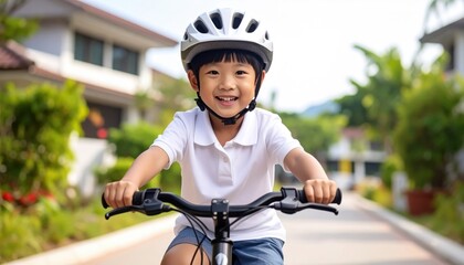 Happy Child Riding Bicycle with Helmet in a Residential Area