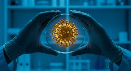 Coronavirus Research: Scientist Holding Petri Dish with Virus Sample in Lab - Medical Science, Virology, Pandemic Study