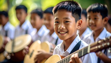 Joyful Boy Playing Guitar in School Music Class with Friends