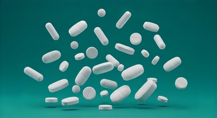 White Pills Floating on Teal Background: Medicine, Healthcare, Pharmaceutical, Tablets, Capsules, Medication, Treatment, Prescription