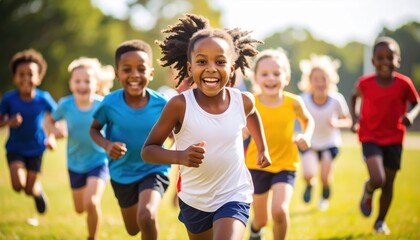 Joyful Kids Running Together in a Sunny Park Setting
