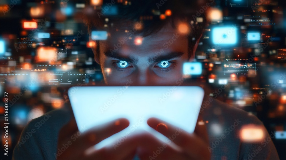 Poster Professional worker deeply concentrating on computer display, digital information swirling around workspace, illustrating overwhelming professional pressure and multitasking challenges