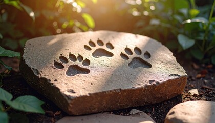 Paw Print Stone Embedded in Earth Surrounded by Lush Greenery