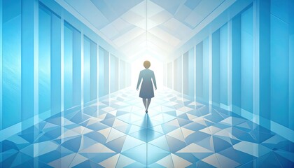 Person Walking Towards Light in Abstract Contemporary Space