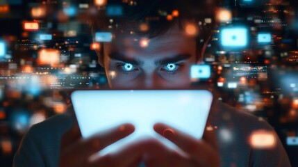 Professional worker deeply concentrating on computer display, digital information swirling around workspace, illustrating overwhelming professional pressure and multitasking challenges