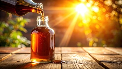 Rich Brown Liquid Pouring from Bottle with Sunlight Background