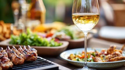 An elegant outdoor feast golden wine grilled lamb fresh salad soft bokeh